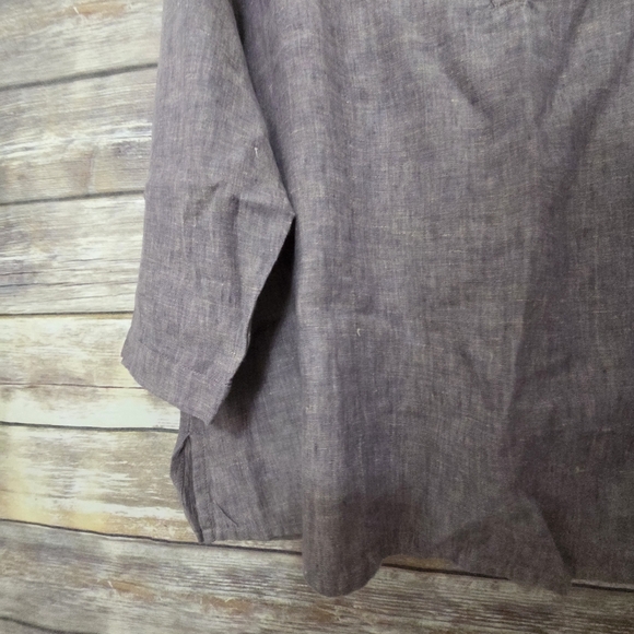 Flax Linen Scoop Neck Three Button 3/4 Sleeve Blouse Lagenlook Shirt Size Large - Picture 9 of 12